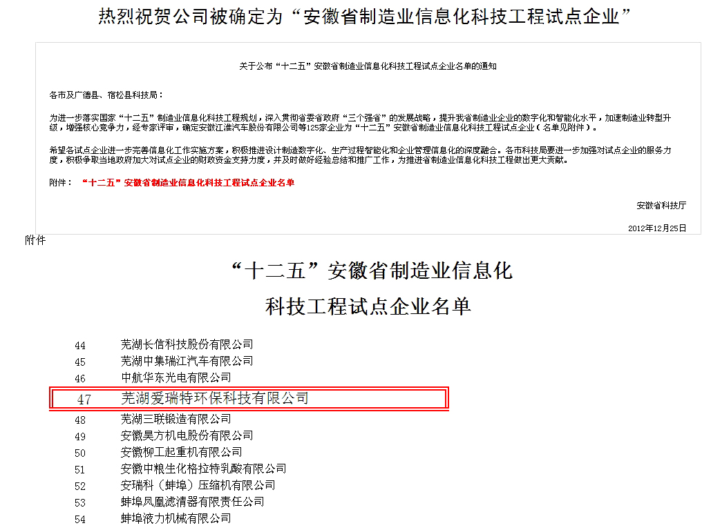 热烈祝贺公司被确定为“安徽省制造业信息化科技工程试